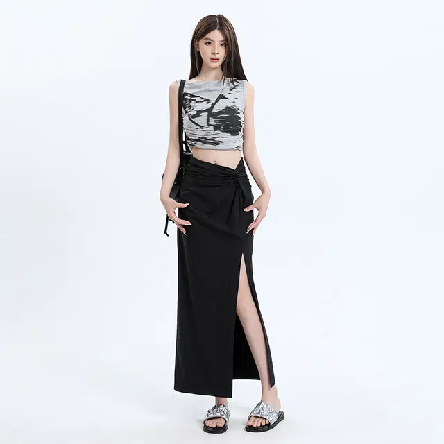 玫丝朵 开叉纯色高腰长款休闲长裙 女款