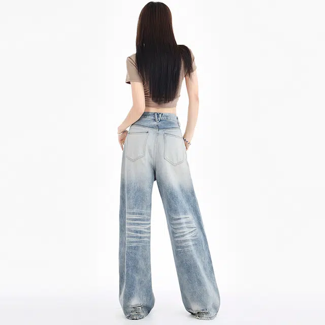 玫丝朵 美式街头做旧水洗磨白直筒阔腿拉链牛仔裤 女款 浅蓝