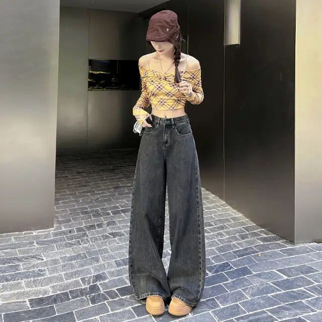 玫丝朵 春季美式复古宽松百搭高腰阔腿拖地女牛仔裤 女款 怀旧蓝灰