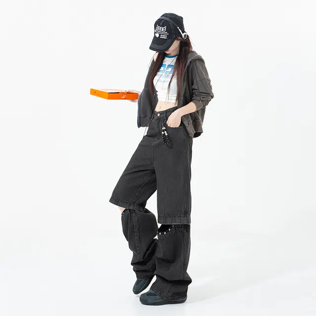 玫丝朵 美式街头休闲风可拆卸铆钉设计百搭宽松直筒牛仔裤 女款 黑色