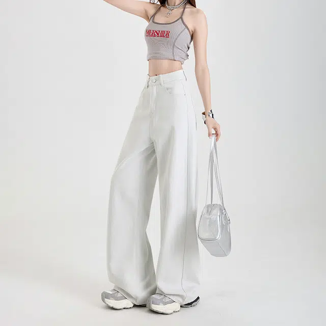 玫丝朵 美式复古纯色时尚简约百搭宽松阔腿牛仔裤 女款