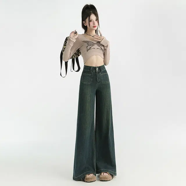 玫丝朵 美式复古辣妹风百搭舒双扣高腰宽松显瘦阔腿拖地牛仔裤 女款