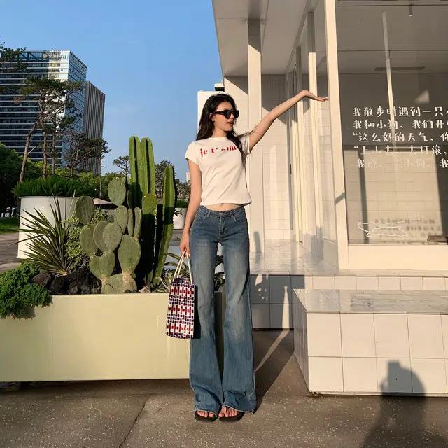 玫丝朵 美式复古辣妹低腰做旧喇叭牛仔裤 女款