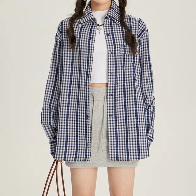 玫丝朵 韩版复古格子设计感百搭宽松长袖衬衫 女款 蓝色