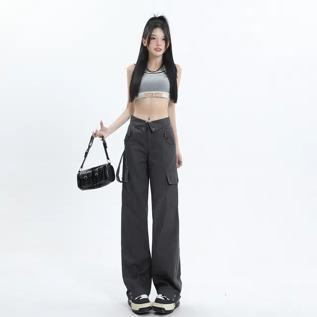 玫丝朵 美式街头高腰翻边腰头设计宽松直筒工装休闲裤 女款 灰色