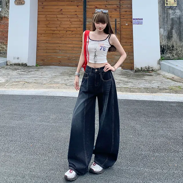 玫丝朵 美式复古刺绣弯刀直筒高腰阔腿宽松牛仔裤 女款