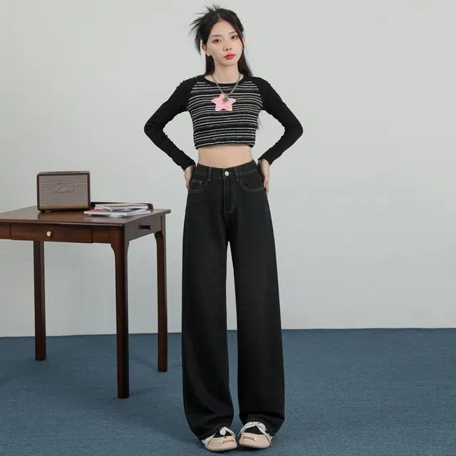 玫丝朵 美式复古高腰宽松直筒牛仔裤 女款
