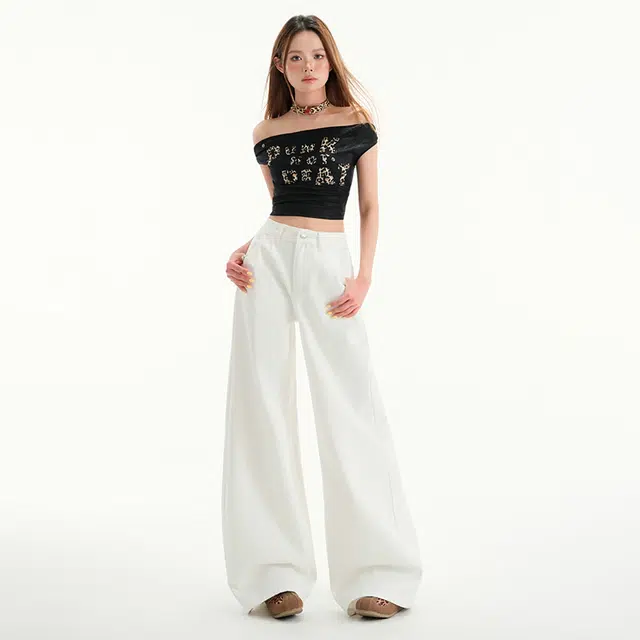玫丝朵 常规高腰百搭时尚宽松阔腿裤牛仔裤 女款
