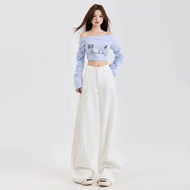 玫丝朵 美式纯色简约百搭宽松阔腿拖地牛仔裤 女款