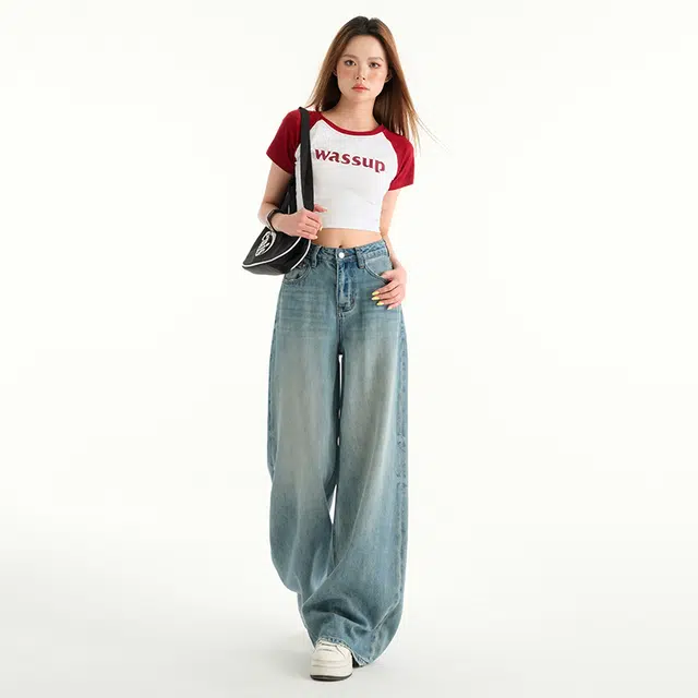 玫丝朵 四季常规高腰百搭时尚宽松显瘦阔腿裤牛仔裤 女款 蓝色