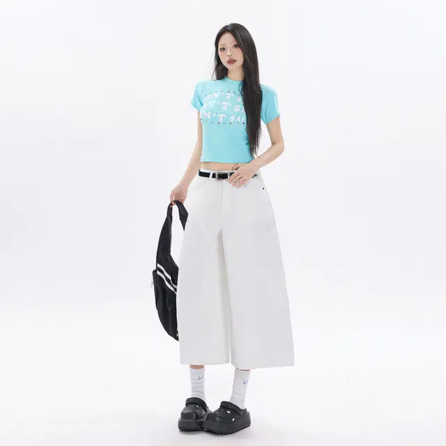 玫丝朵 纯色高腰七分直筒裤文艺风牛仔短裤 女款 白色