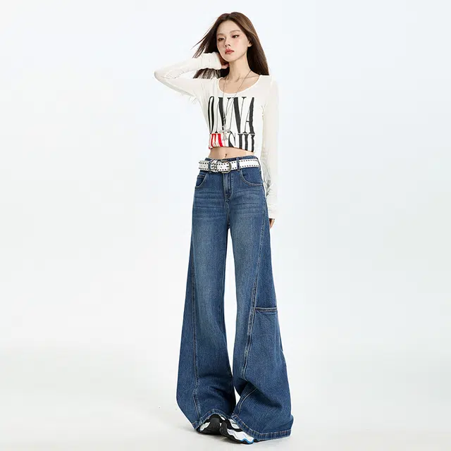 玫丝朵 韩系新潮慵懒风通勤百搭简约立体裁剪侧口袋高腰宽松阔腿牛仔裤 女款