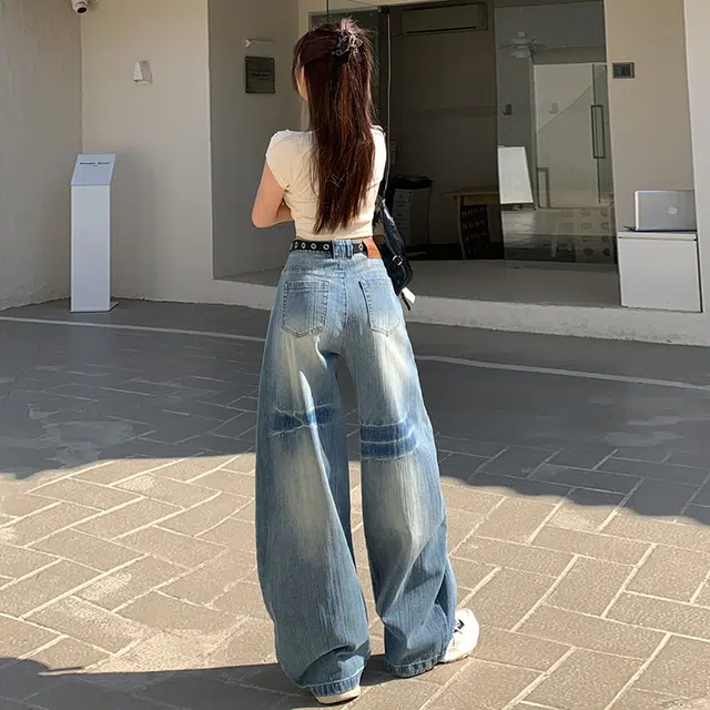 玫丝朵 美式复古慵懒风百搭高腰宽松阔腿弯刀牛仔裤 女款