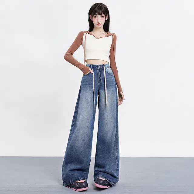 玫丝朵 美式水洗高腰宽松阔腿拖地牛仔裤 女款 复古蓝