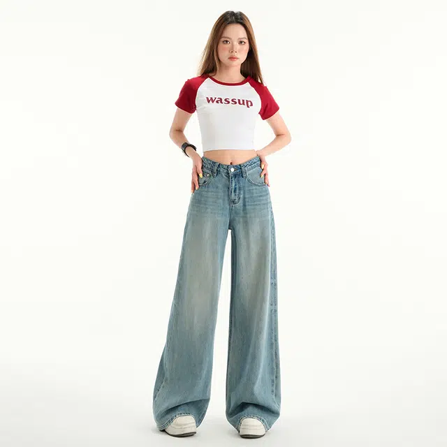 玫丝朵 四季常规高腰百搭时尚宽松显瘦阔腿裤牛仔裤 女款 蓝色