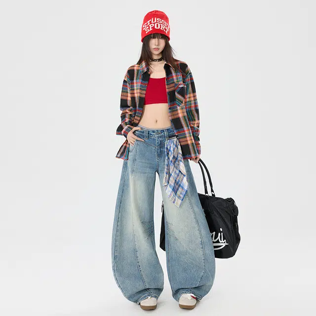 玫丝朵 美式复古高街小众拼接设计低腰宽松阔腿弯刀牛仔裤 女款