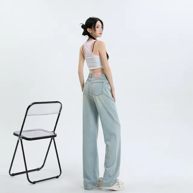 玫丝朵 做旧高腰拉链垂感宽松透气阔腿牛仔裤 女款 怀旧蓝