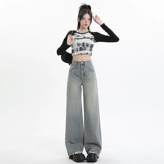 玫丝朵 复古高腰拉链宽松直筒牛仔裤 女款 怀旧蓝
