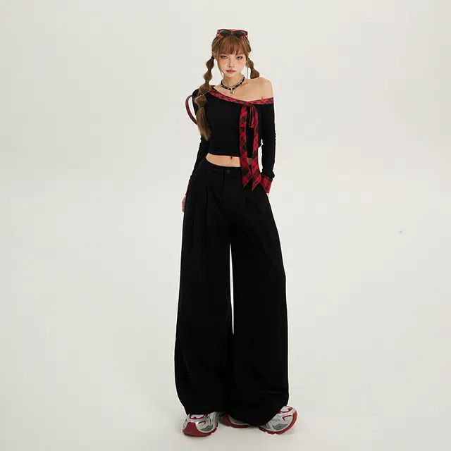 玫丝朵 纯色复古褶皱百搭高腰宽松直筒阔腿拖地牛仔裤 女款 黑色