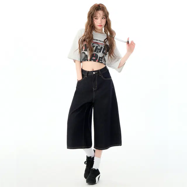 玫丝朵 美式显瘦宽松阔腿高腰百搭牛仔短裤 女款