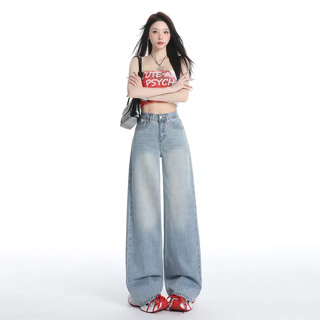 玫丝朵 美式复古直筒高腰宽松牛仔裤 女款