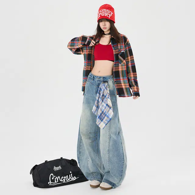 玫丝朵 美式复古高街小众拼接设计低腰宽松阔腿弯刀牛仔裤 女款