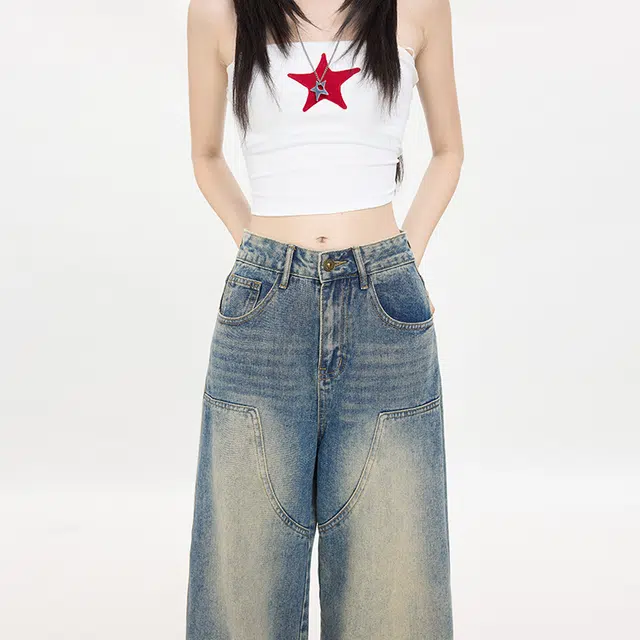玫丝朵 美式复古小众设计线条阔腿宽松高街拼接设计开叉直筒牛仔裤 女款
