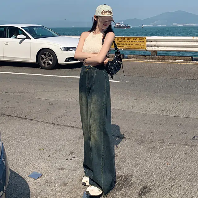 玫丝朵 美式复古设计感垂感阔腿拖地牛仔裤 女款