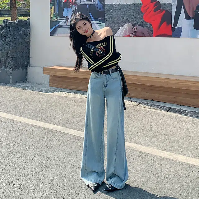 玫丝朵 美式复古做旧简约设计宽松百搭直筒垂感阔腿牛仔裤 女款