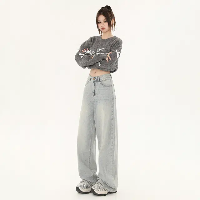 玫丝朵 水洗复古高腰宽松阔腿牛仔裤 女款 怀旧蓝