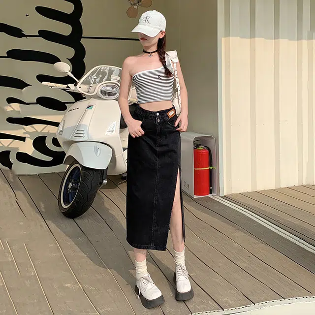 玫丝朵 小众设计感高腰开叉纯色休闲长裙 女款