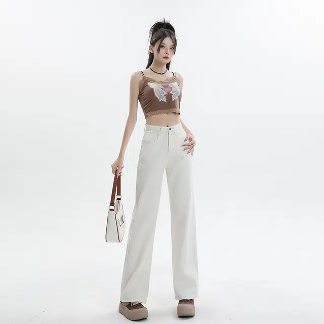 玫丝朵 垂感拖地纯色宽松百搭舒适简约牛仔裤 女款 白色