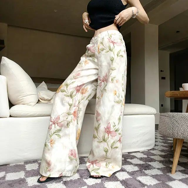 玫丝朵 韩系老钱风松弛感裤子女夏季薄款时尚花卉百搭宽松直筒拖地休闲裤 女款