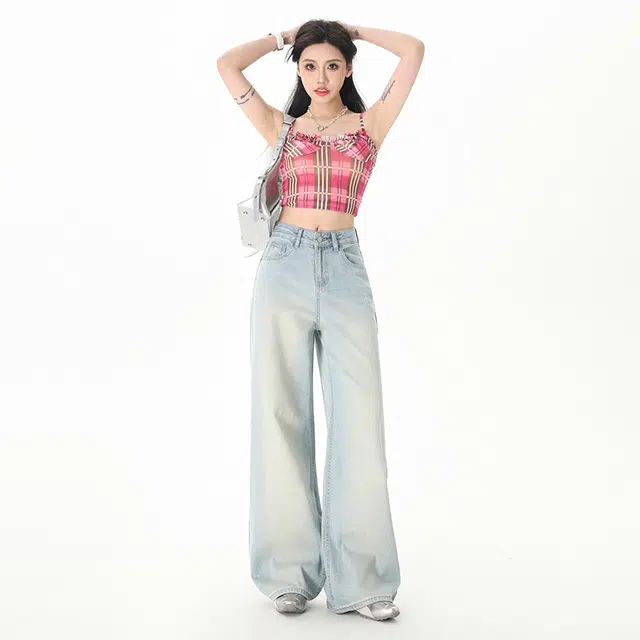 玫丝朵 美式高街复古宽松直筒阔腿牛仔裤 女款