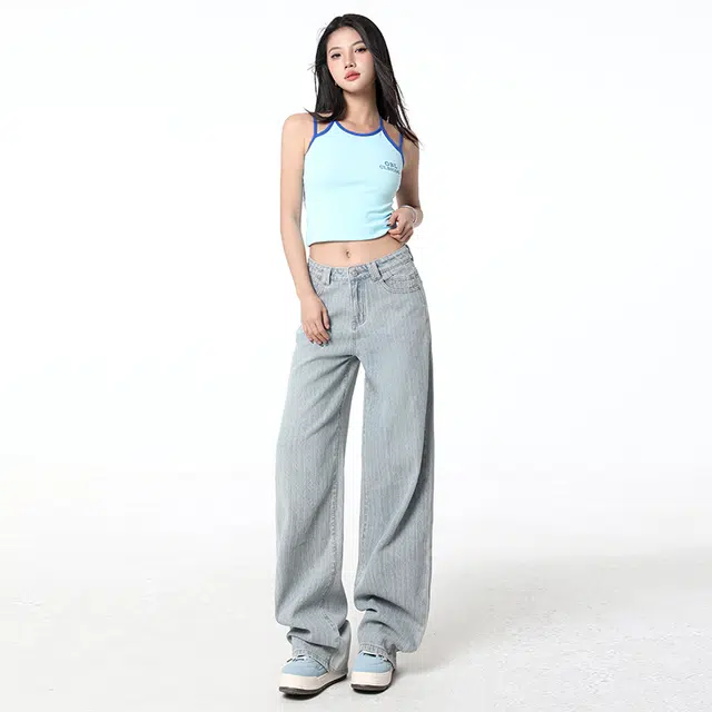 玫丝朵 经典复古宽松百搭阔腿设计牛仔裤 女款