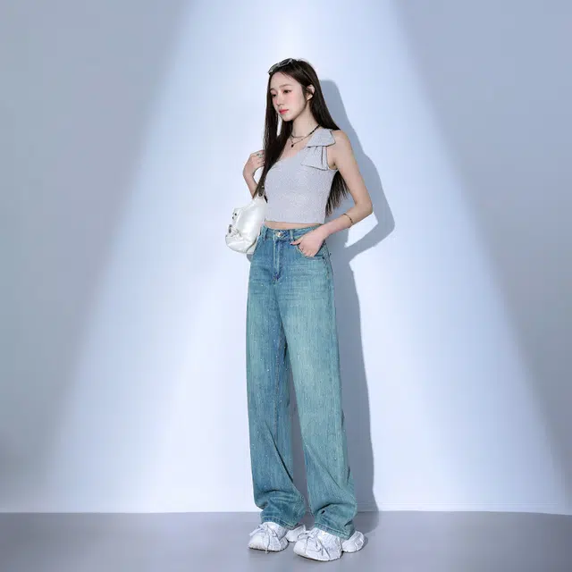 玫丝朵 美式潮流设计时尚百搭宽松阔腿牛仔裤 女款 烫钻孔雀绿