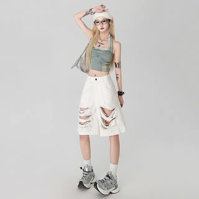 玫丝朵 美式小众破洞设计百搭时尚五分裤牛仔短裤 女款
