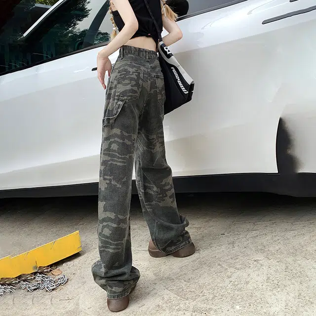 玫丝朵 美式复古高街宽松直筒阔腿工装牛仔裤 女款 迷彩色