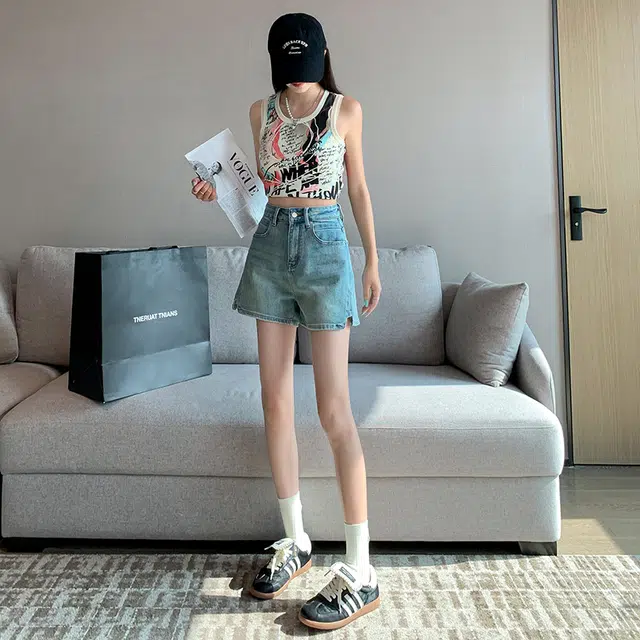 玫丝朵 美式复古小众裤脚设计时尚百搭热裤牛仔短裤 女款