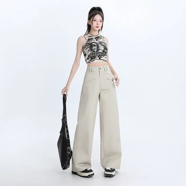 玫丝朵 简约纯色高腰宽松直筒垂感阔腿休闲裤 女款