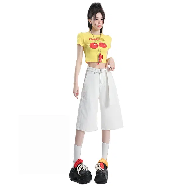 玫丝朵 高腰阔腿宽松显瘦百搭牛仔短裤 女款