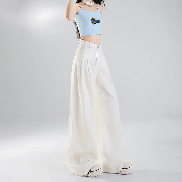 玫丝朵 美式纯色简约设计宽松百搭阔腿牛仔裤 女款