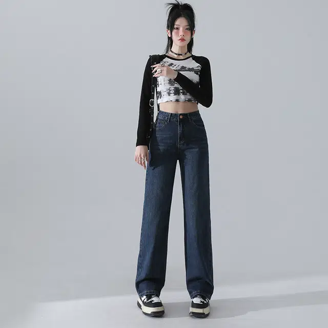 玫丝朵 美式复古做旧高腰宽松直筒阔腿牛仔裤 女款
