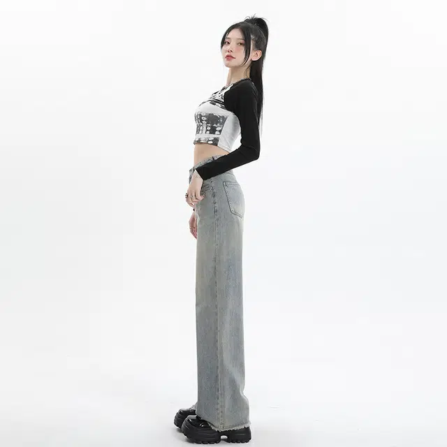 玫丝朵 复古高腰拉链宽松直筒牛仔裤 女款 怀旧蓝