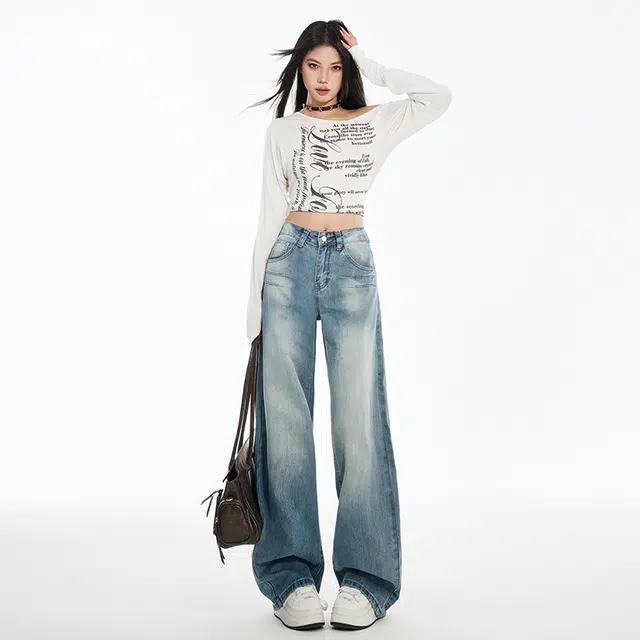 玫丝朵 复古水洗阔腿高腰垂感宽松拖地牛仔裤 女款