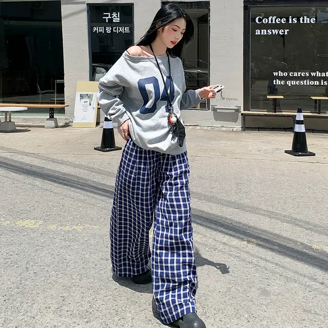 花蔓色 美式复古慵懒风格子设计拖地裤休闲裤 女款