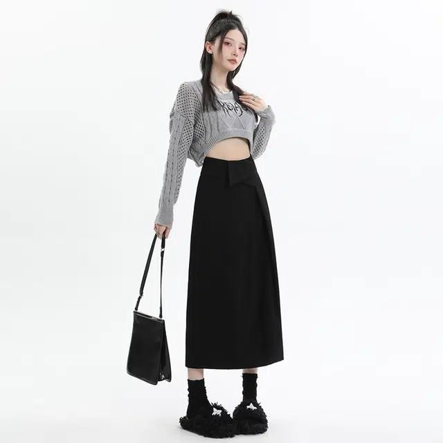 玫丝朵 黑色高腰西装裙显瘦开叉翻边极简风纯色中长款包臀裙休闲长裙 女款