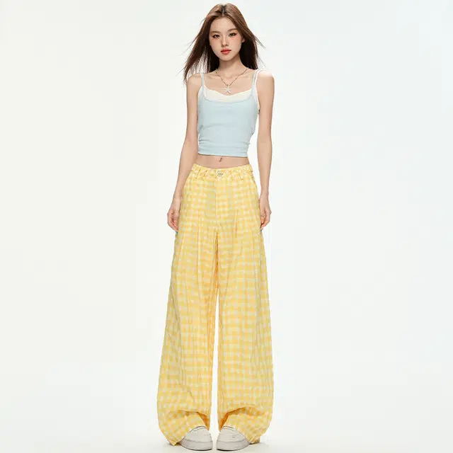 玫丝朵 韩系慵懒风格子裤夏季薄款高腰显瘦阔腿休闲裤 女款