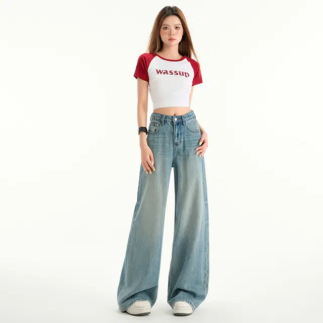 玫丝朵 四季常规高腰百搭时尚宽松显瘦阔腿裤牛仔裤 女款 蓝色