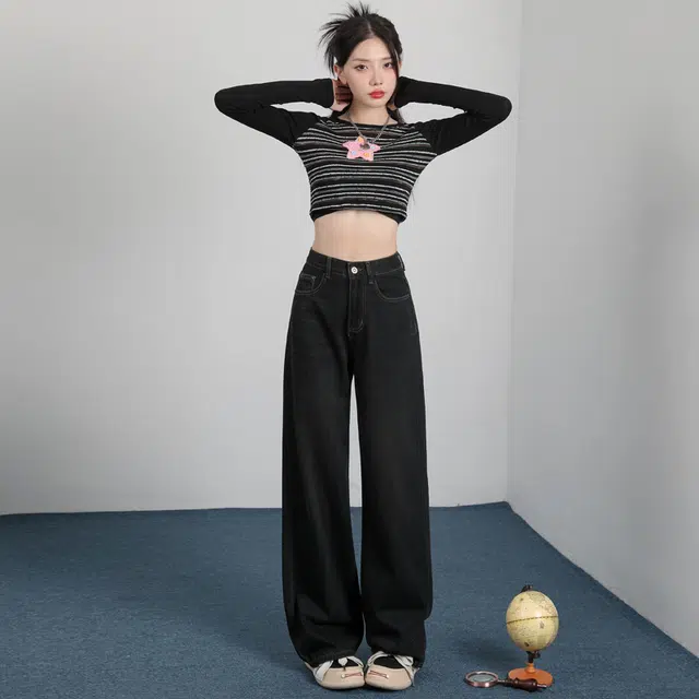 玫丝朵 美式复古高腰宽松直筒牛仔裤 女款
